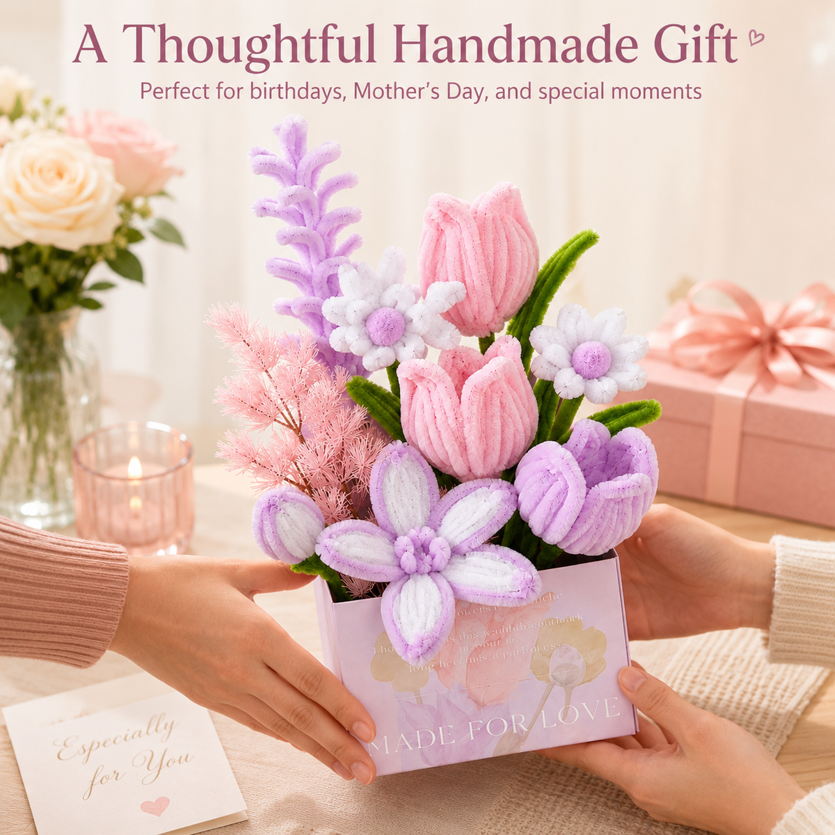Pastel Forever Bloom Chenille Flower Box – Handmade Gift for Her