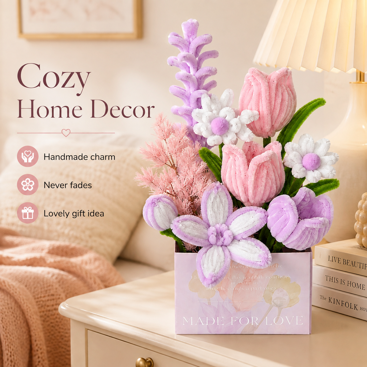 Pastel Forever Bloom Chenille Flower Box – Handmade Gift for Her