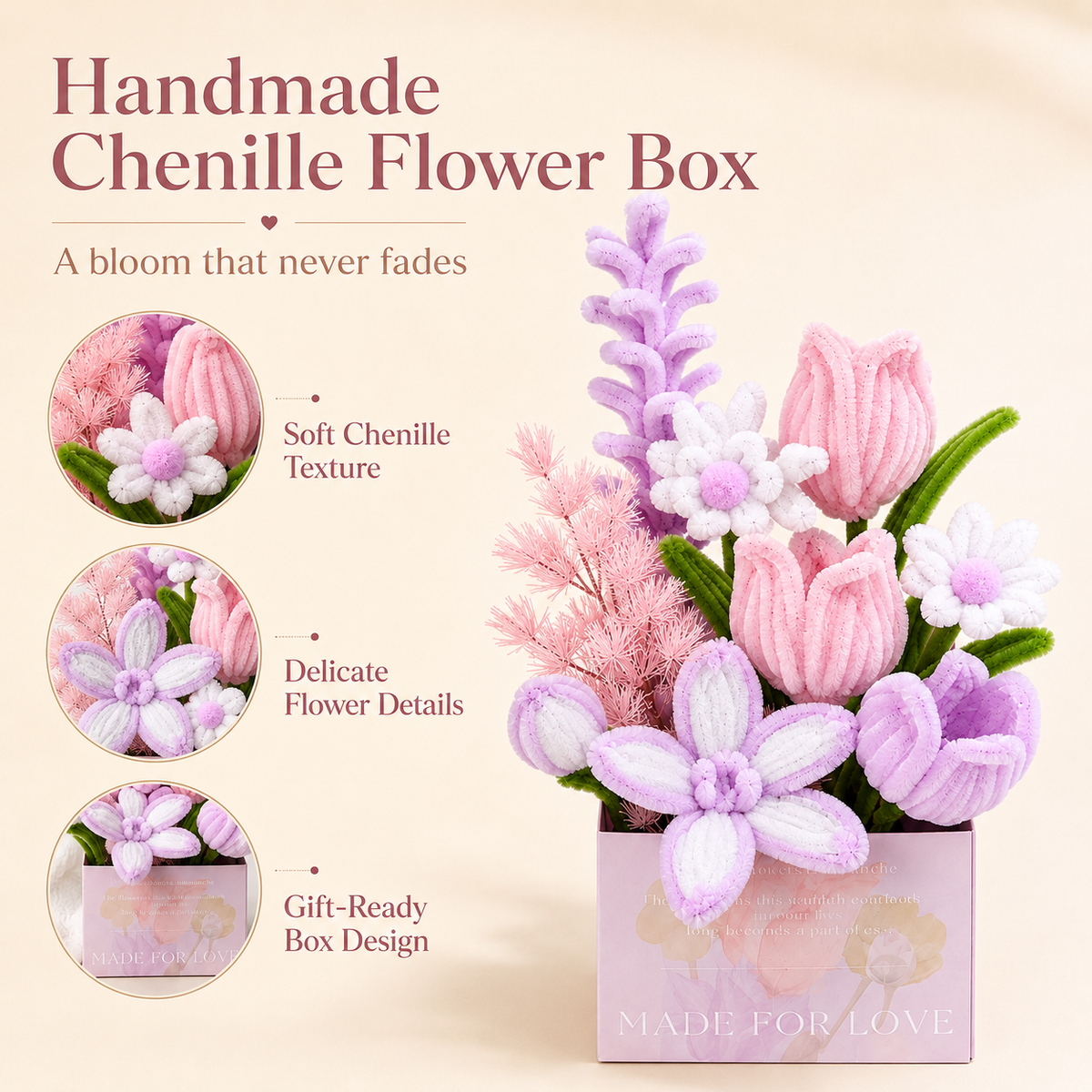 Pastel Forever Bloom Chenille Flower Box – Handmade Gift for Her