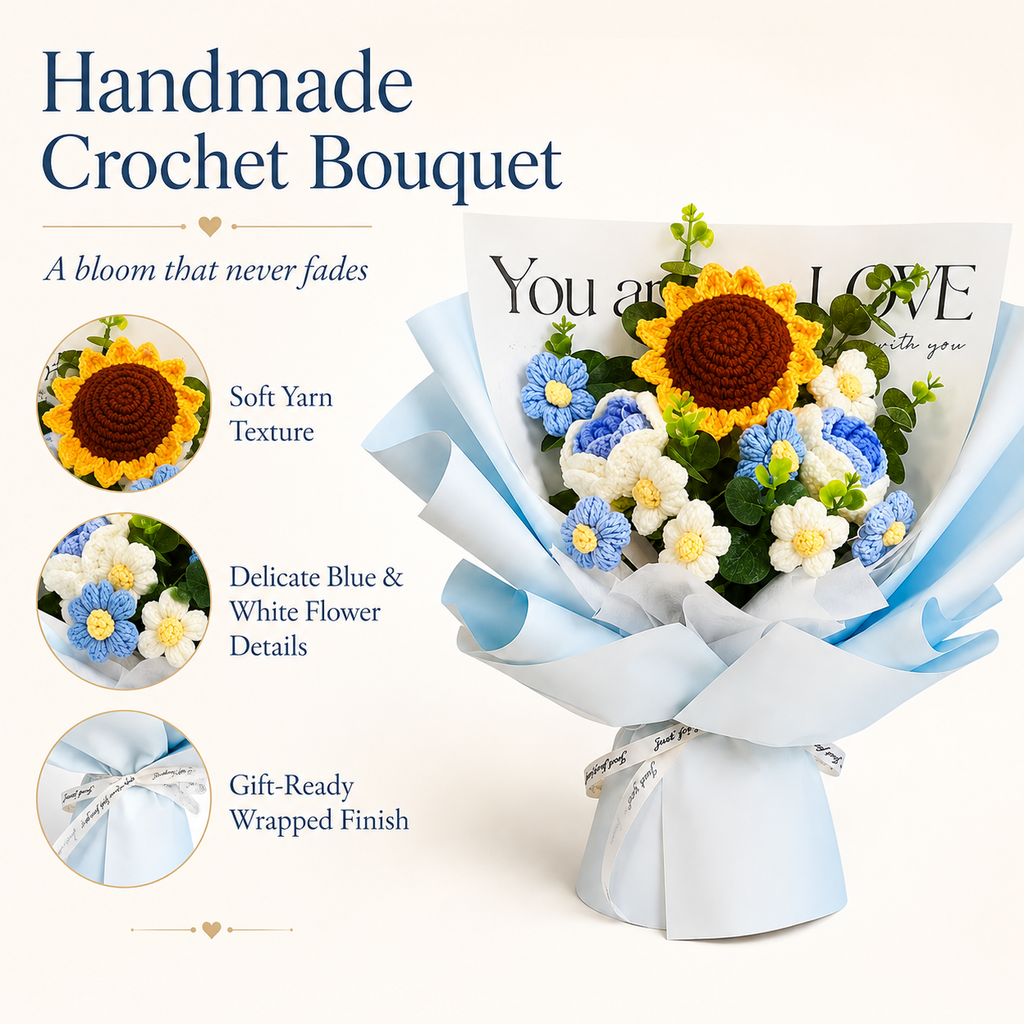 Blue Sky Crochet Sunflower Bouquet – Everlasting Handmade Flower Gift