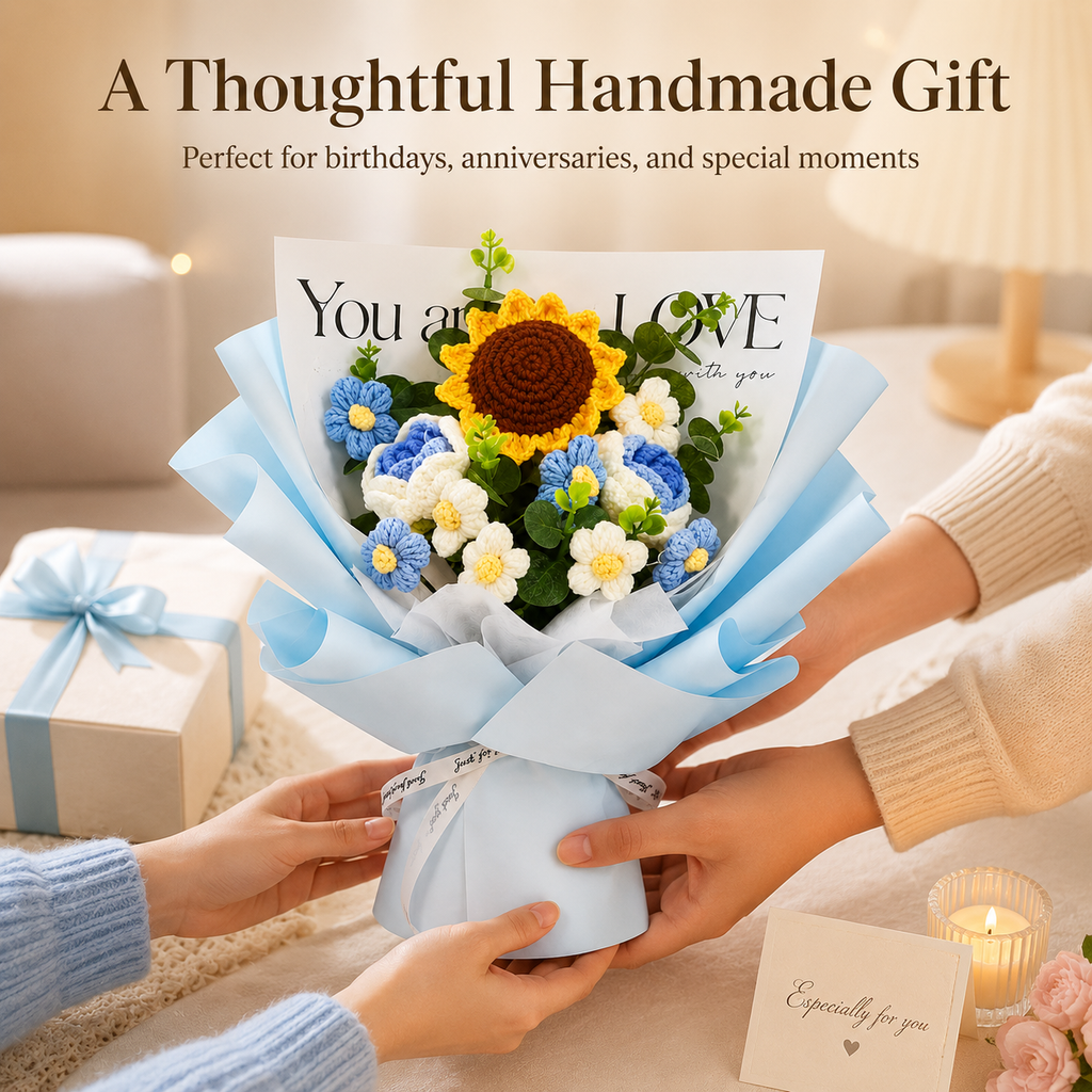 Blue Sky Crochet Sunflower Bouquet – Everlasting Handmade Flower Gift