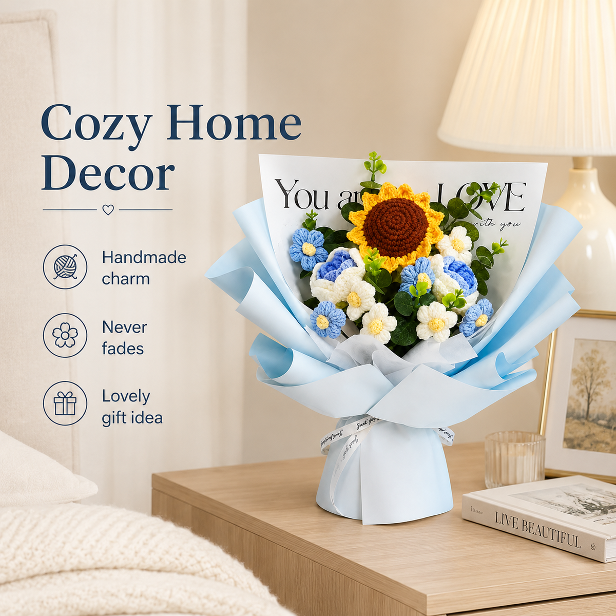 Blue Sky Crochet Sunflower Bouquet – Everlasting Handmade Flower Gift