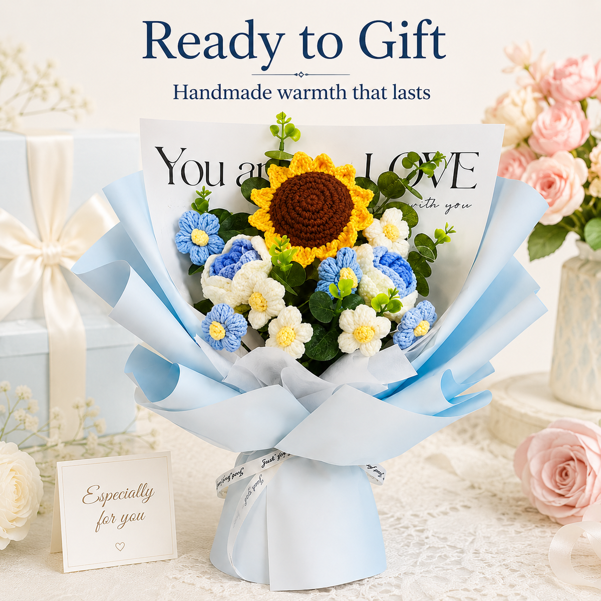 Blue Sky Crochet Sunflower Bouquet – Everlasting Handmade Flower Gift