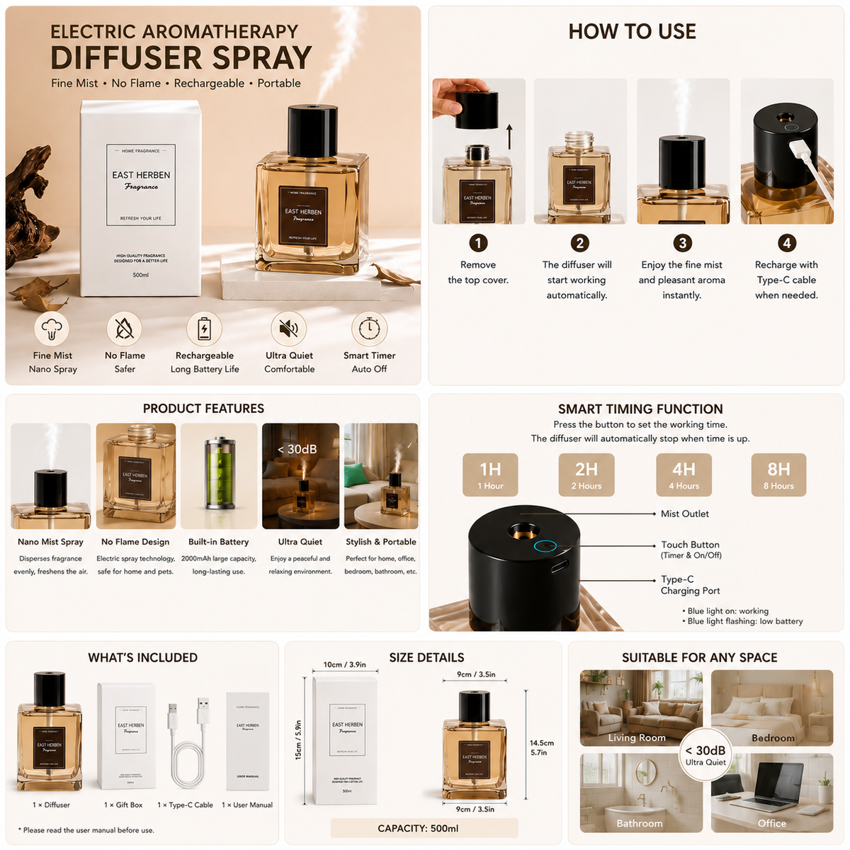 Auto Electric Aroma Spray - 500ml - Flameless Aroma Diffuser - Luxury Home Fragrance