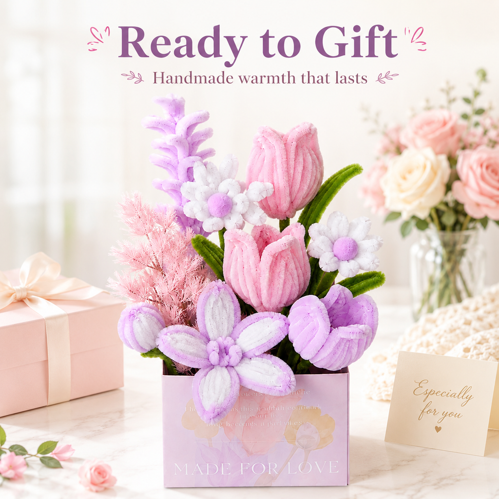 Pastel Forever Bloom Chenille Flower Box – Handmade Gift for Her