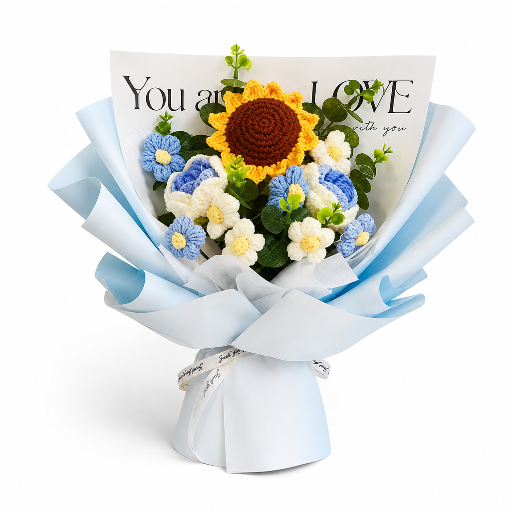 Blue Sky Crochet Sunflower Bouquet – Everlasting Handmade Flower Gift